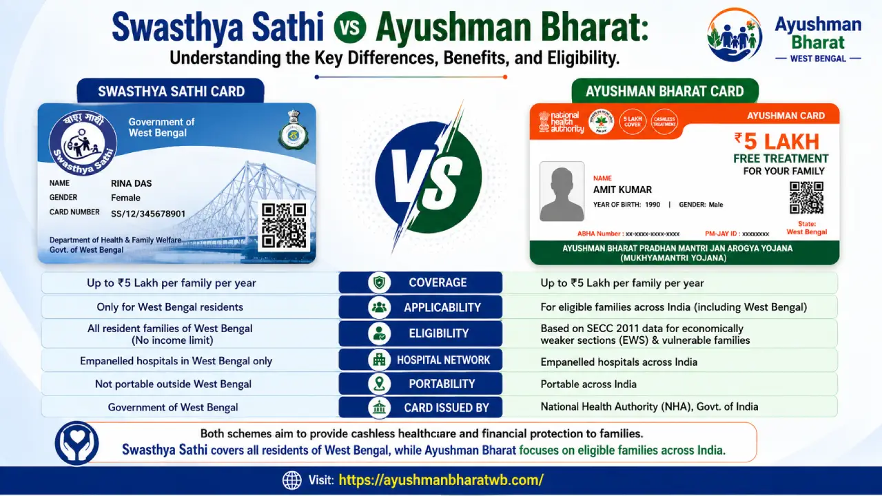 Comparison of Swasthya Sathi and Ayushman Bharat health insurance schemes in India showing eligibility, benefits, coverage, and hospital network.